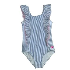 Ruffle Butts Girls' Seersucker Blue Stripe‎ Waterfall One Piece Size 8 UPF 50+